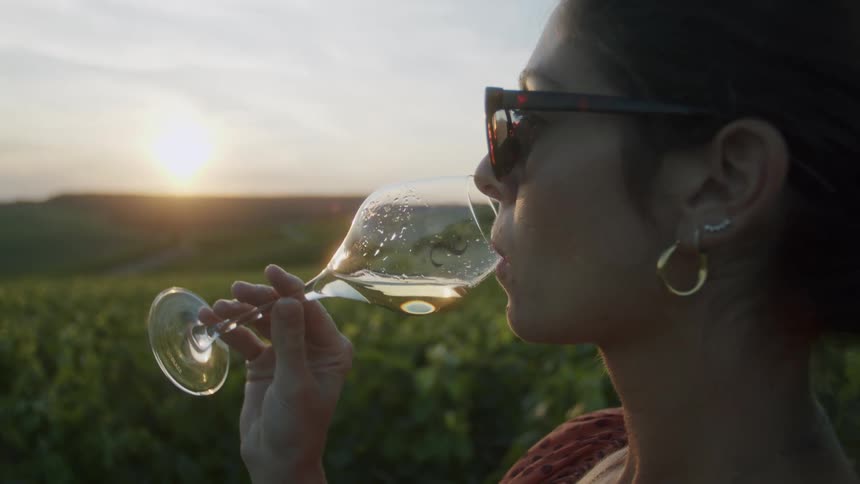 A woman is standing outside drinking from a wine glass as the sun shines on the horizon
