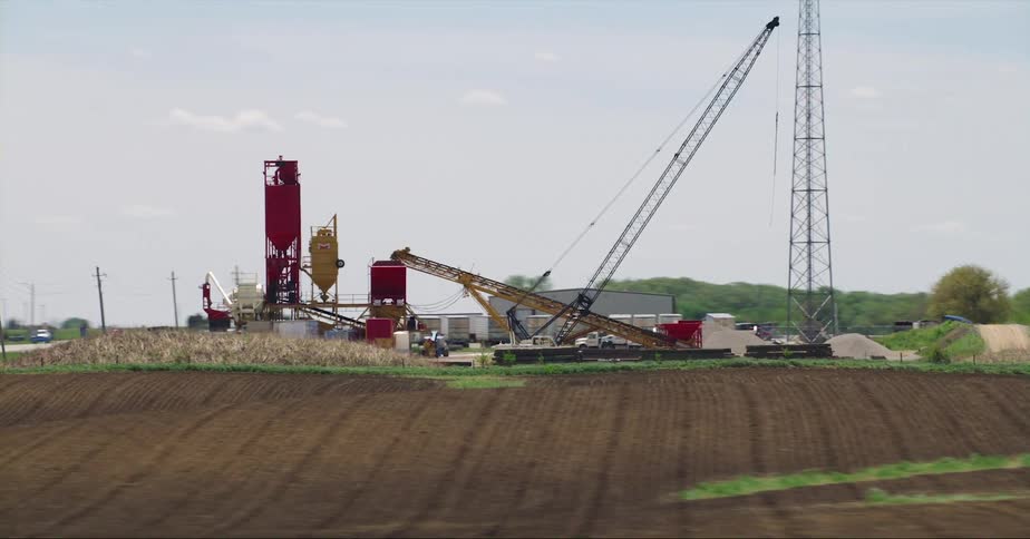 Agricultural equipment and harvested fields set back from the highway and passing traffic