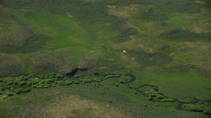 One small backcountry airplane flies above a vast network of river and streams in the Idaho wilderness