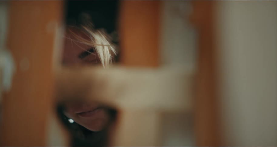 A woman looks through the slats of a wooden easel