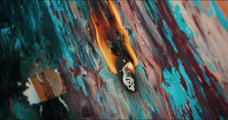 Artist burns parts of the canvas of a finished abstract modern painting and extinguish the flames with a hair dryer