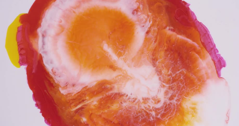 Orange yellow red and white hues or paint mix and flow apart from the middle like waves crashing