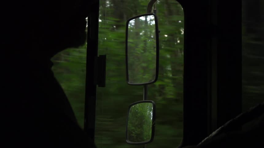 A person drives a truck through the forest