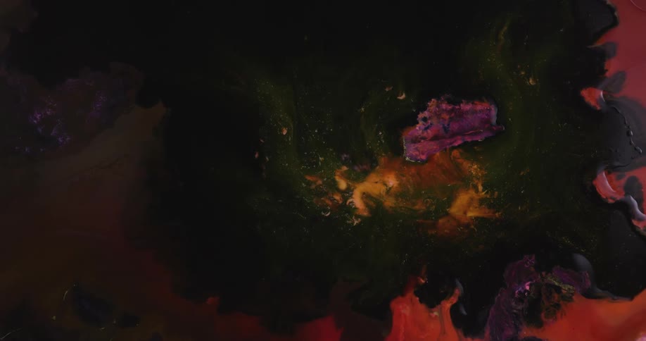 Black flows and expands over red with dark swirls