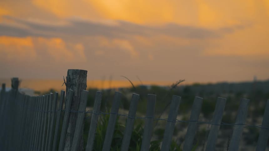 A fence made of thin wooden slats extends along the dunes and beach