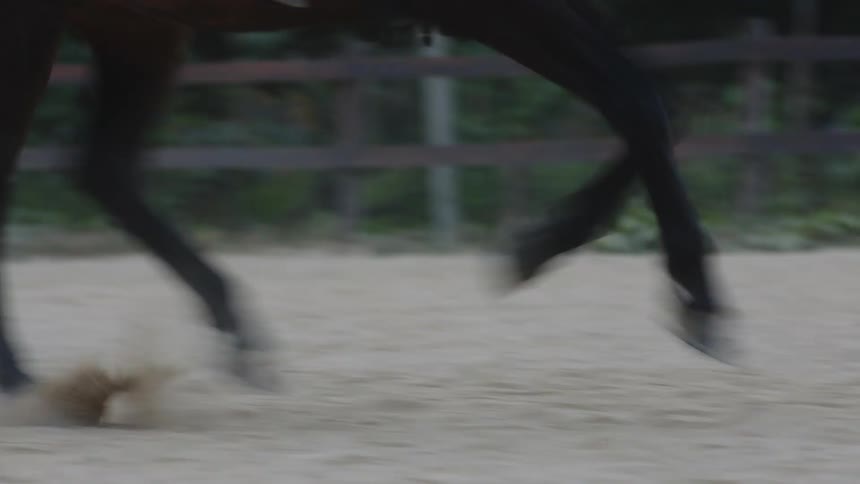 A man is riding a horse and it is galloping across the dirt near a fence