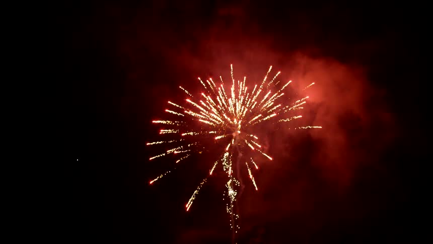 A series of impressive fireworks explode in the nighttime sky