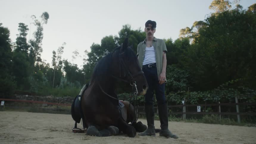 A man stands next to his horse while the horse lies on the ground