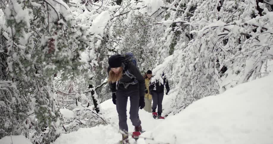 A woman leads to people hiking in the snow