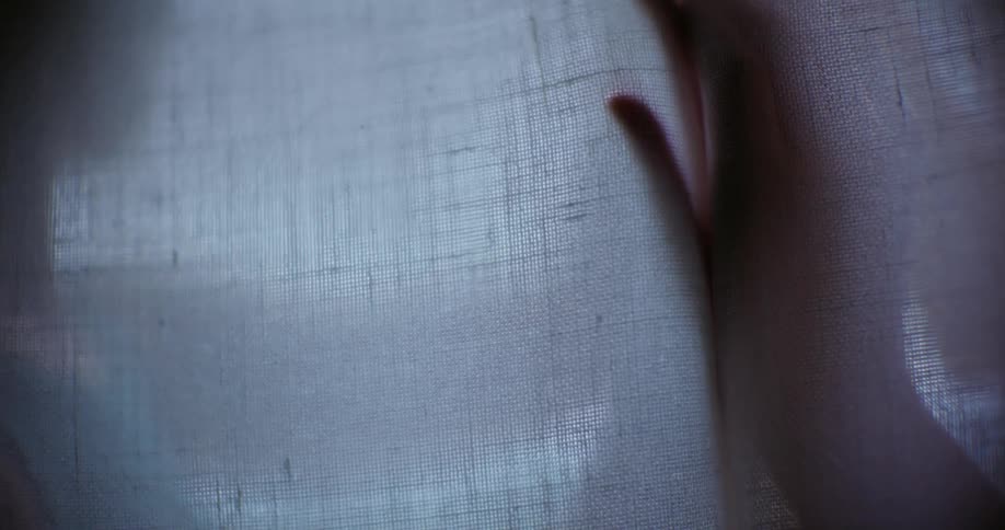 Two people touch hands behind a translucent curtain