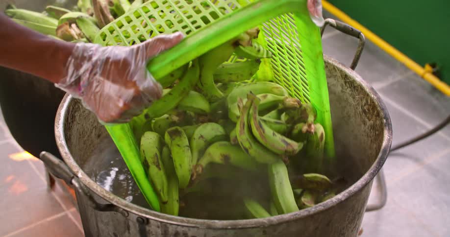 Someone is putting bananas into a bin and dropping them into some water