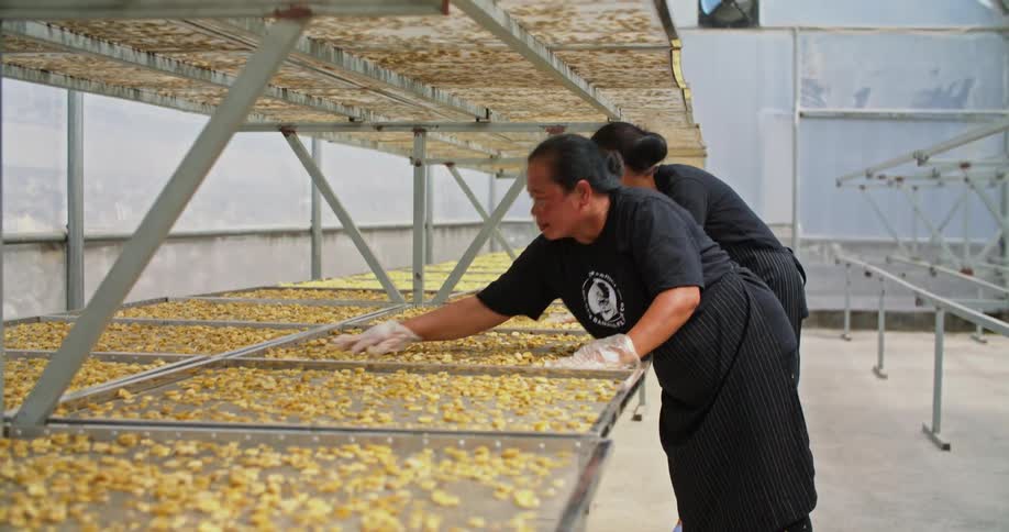Factory workers scrape garlic off rows of baking racks