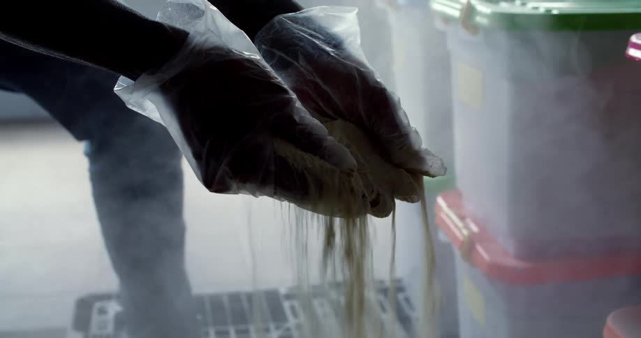 Person wearing gloves scoops up flour and lets it sift down