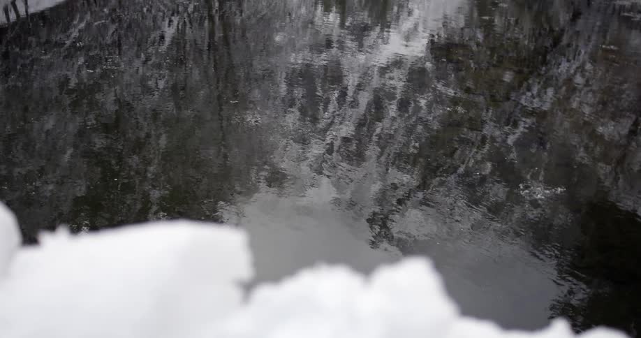 Water ripples in a stream that is reflecting an image of a snowy mountain