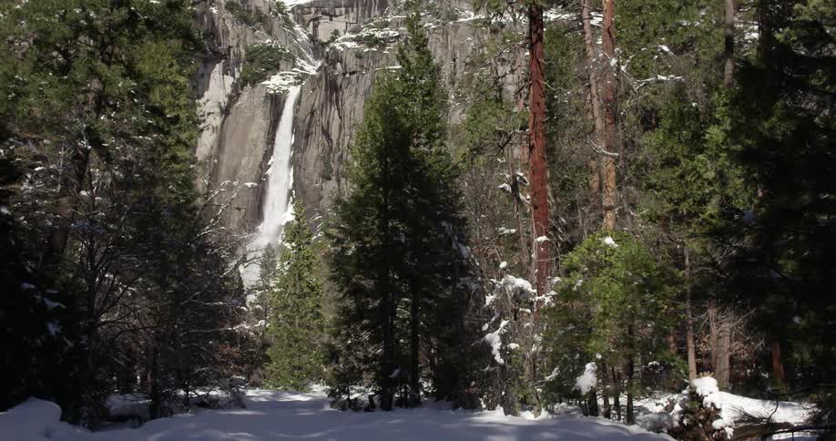 A waterfall in a snowy forest