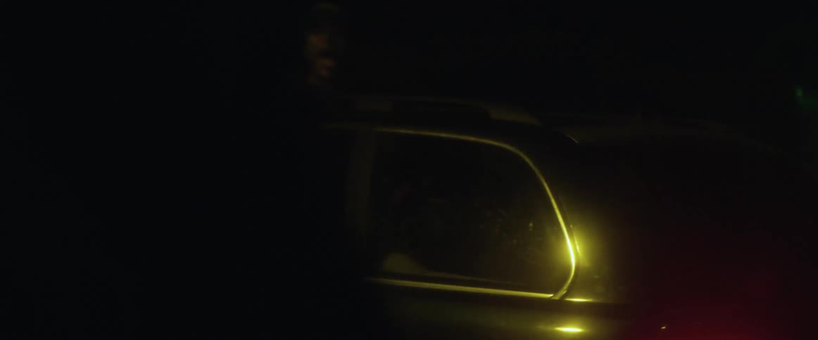 A person hangs their head out of a car window as it drives down the street