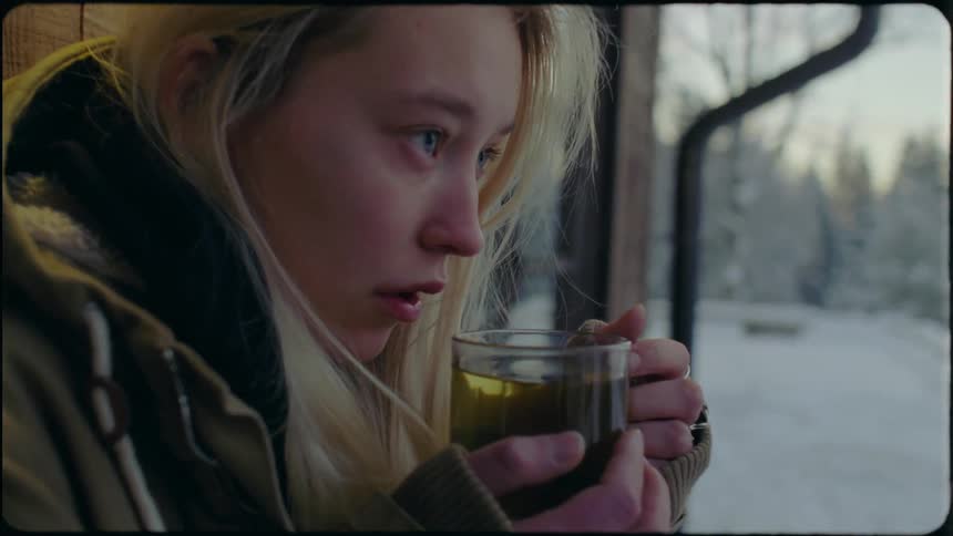 A young woman who appears to be very cold stands outside while sipping her tea