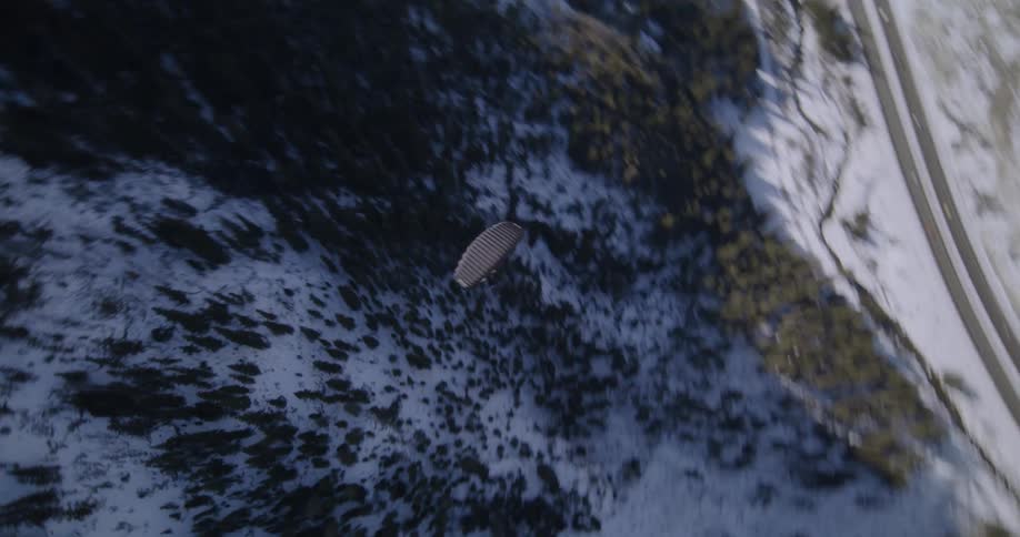 A paraglider is sailing through the air along a snow covered forested mountain slope and there is traffic on the highway below