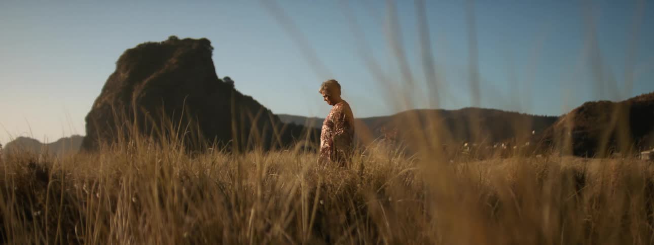 Elderly woman with short hair and long dress walks on long brown grass at sunset