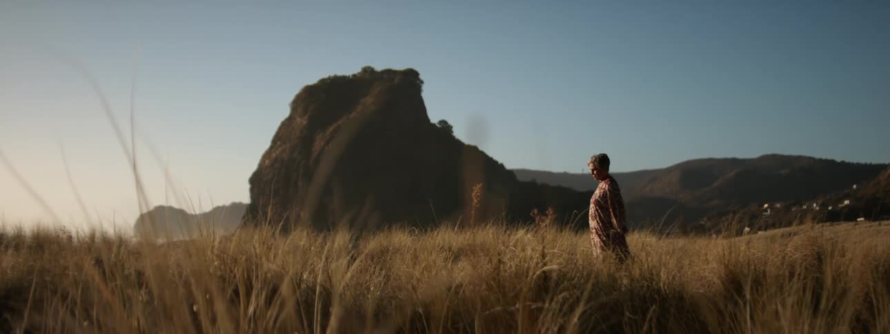 A woman wearing a long dress walking through tall grass with hills behind her