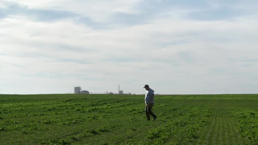 A man walks across a field on a farm during the day