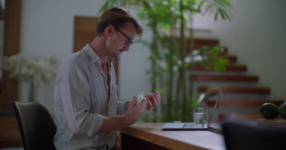 A man sits at a table with his laptop to research some information before swallowing his medication