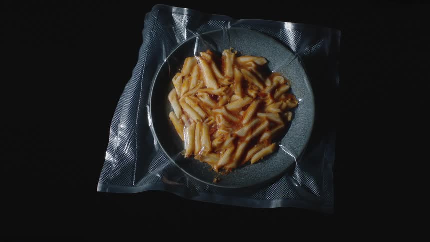Pasta sits in shallow bowl lined with translucent plastic