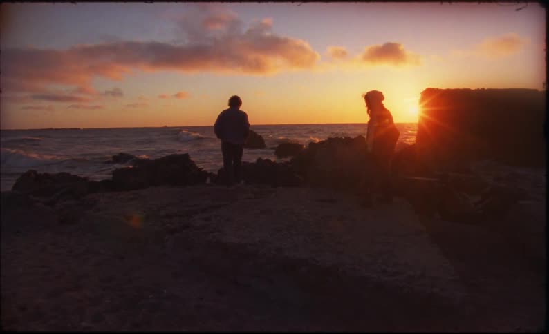 Two people are walking by the beach during sunset together