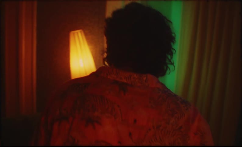 Man wearing a hawaiian shirt dances alone while drinking wine at home