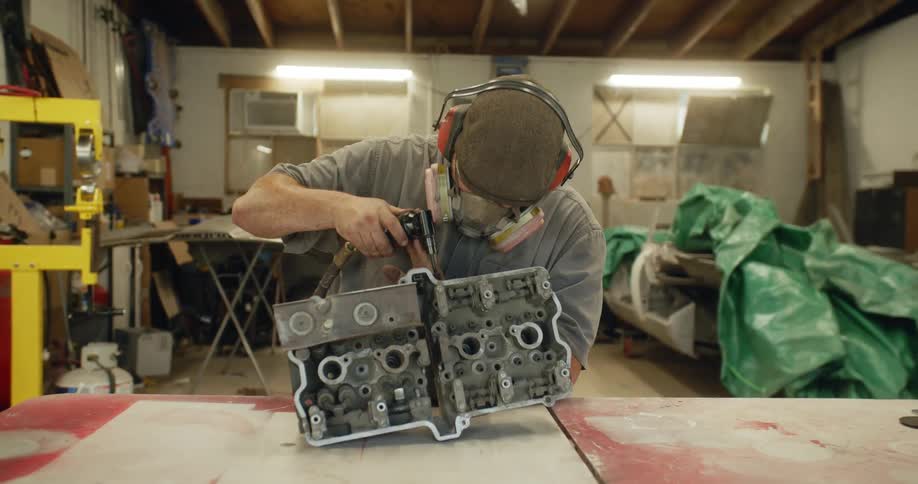Man wearing protective gear works on part using a power tool