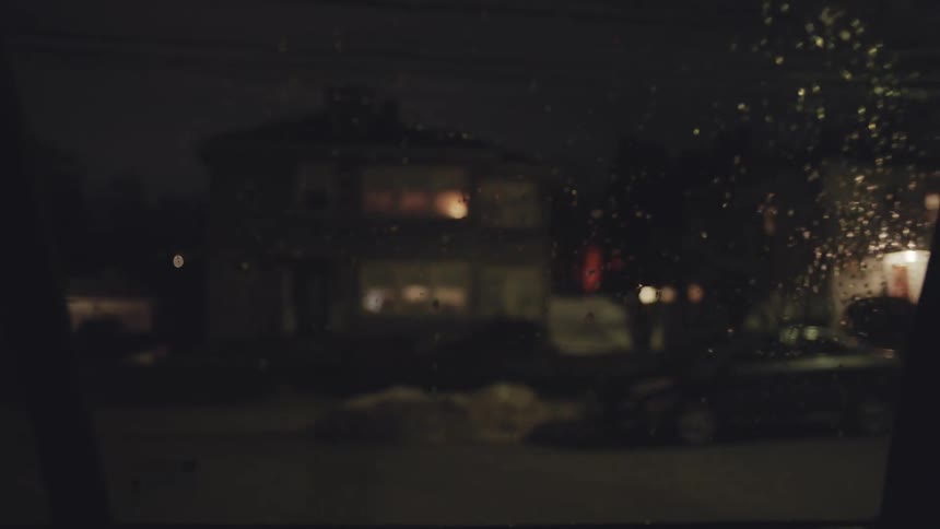 Houses and cars in a neighborhood seen from a driving car