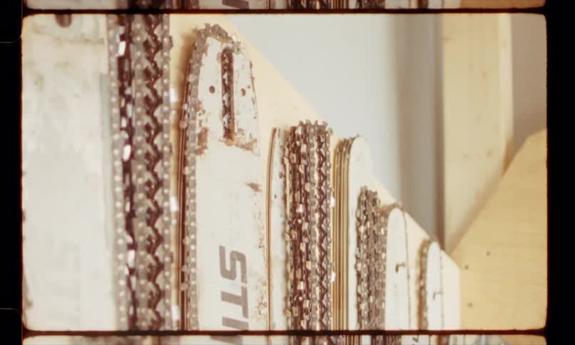 Chains and chainsaw blades hanging on a board in a workshop