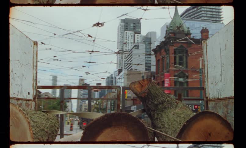 A truck with cut up tree trunks drives through a city