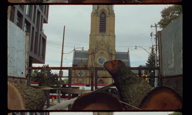 A truck shipping cut up tree trunks drives through a city