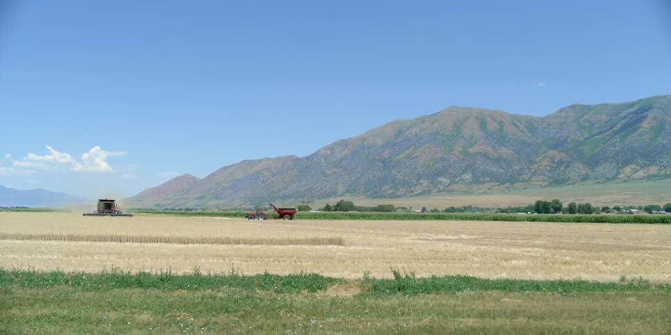 A farm has a mountain range in the distance
