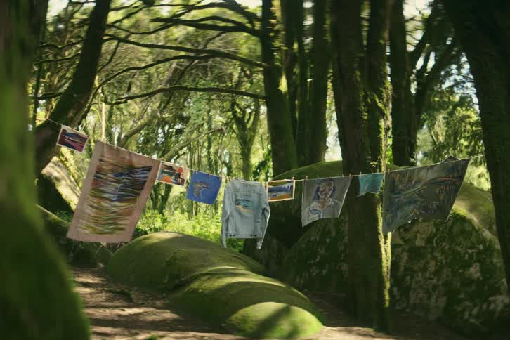 There is a clothing line that is in the middle of the forest area