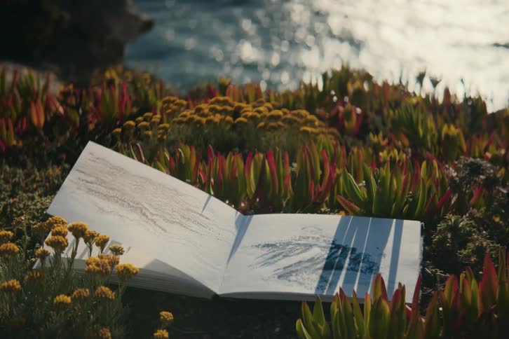 A book is lying in a field of flowers by the ocean in the evening, the wind turns its pages