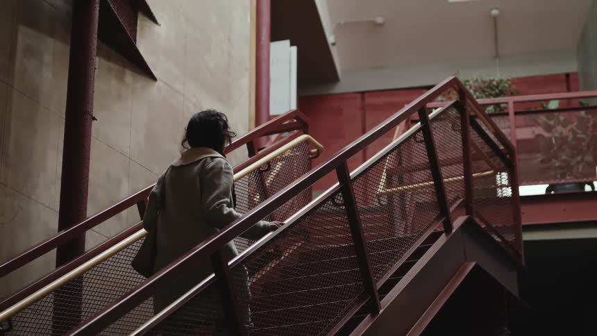 A woman holds onto a banister as she climbs up a staircase