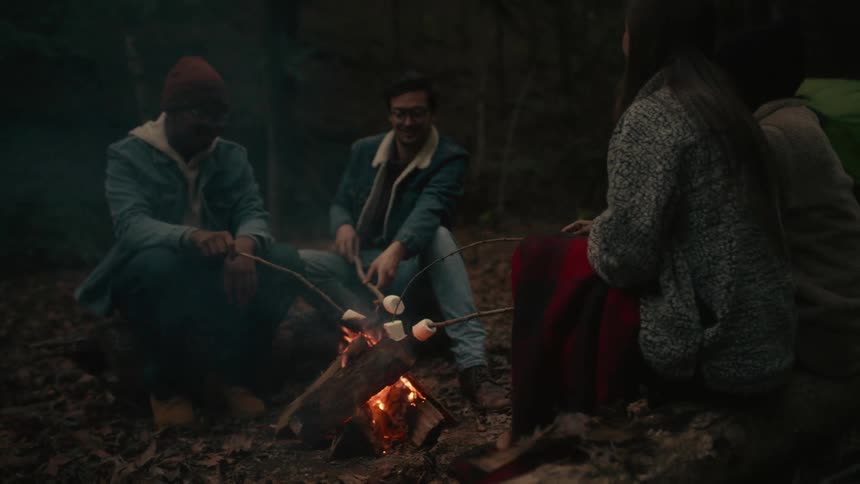 Group of friends sitting around a campfire in the forest cooking marshmallows