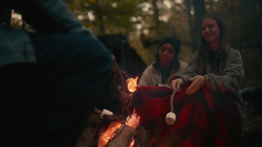 A group of people cooking marshmallows outdoors