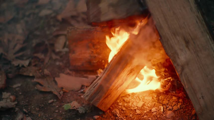 Close up of flames and smoke rising up from the logs on a campfire