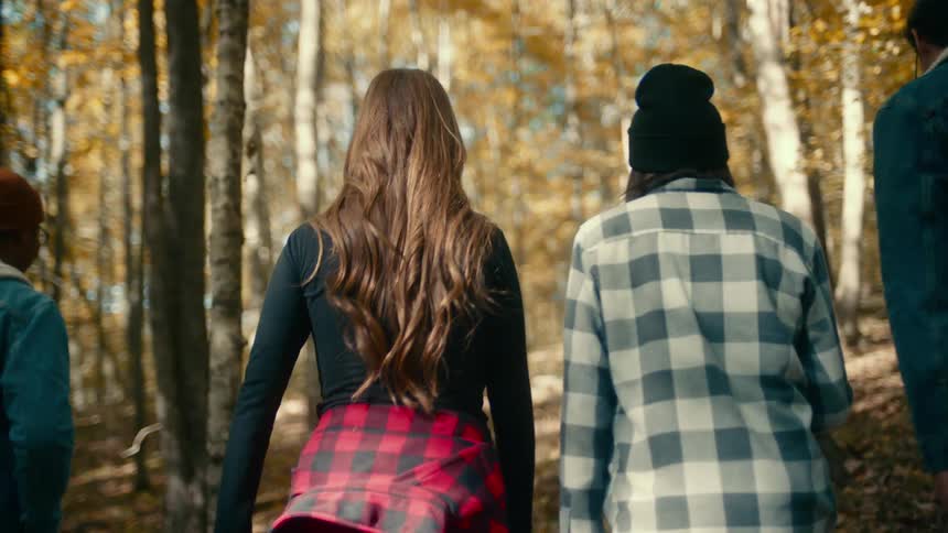 People are hiking through the woods