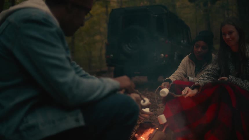 Group of friends sitting around a campfire in the forest cooking marshmallows