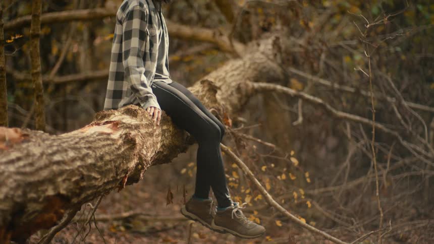 Young woman swings her feet while sitting over a fallen tree in the forest at morning