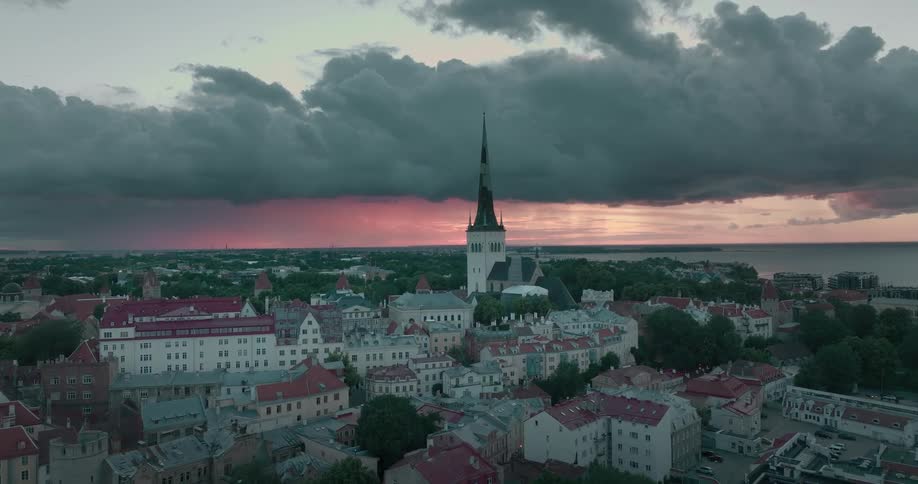 Aerial view of tallinn old town and the castle under cloudy sky