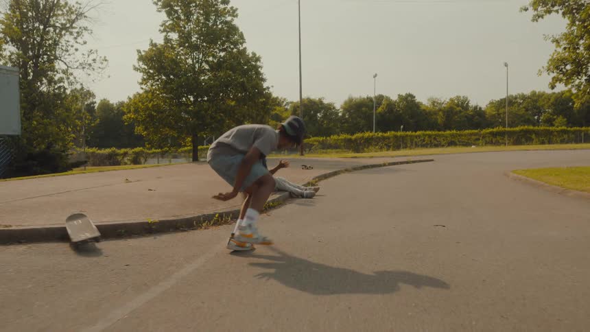 A young man performs a jump while riding his skateboard and doesnt successfully stick the landing