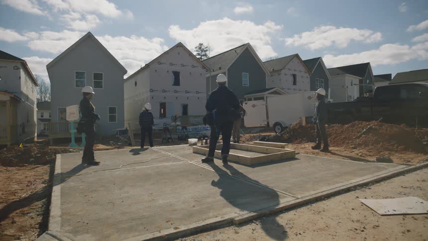 A construction crew stands on a homes foundation in a neighborhood