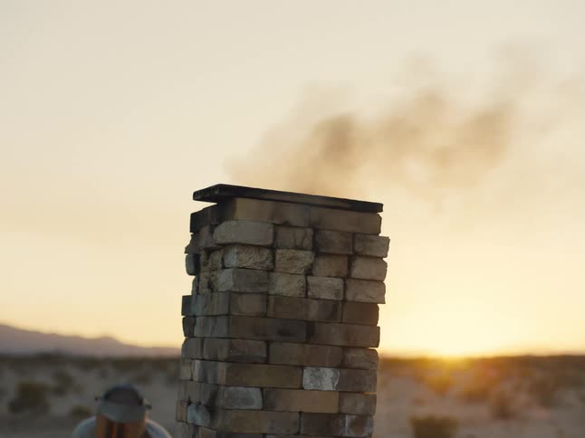 Person works outdoorslit by sun on horizon as smoke exits chimney