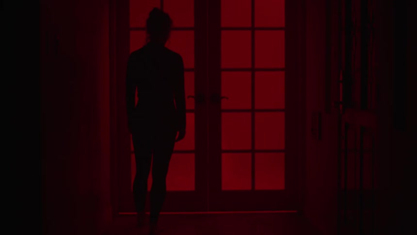 A woman stands and looks out french doors in her house