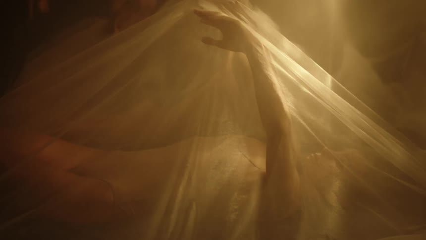Female performer lying on her back under filmy fabric moves her arms gracefully